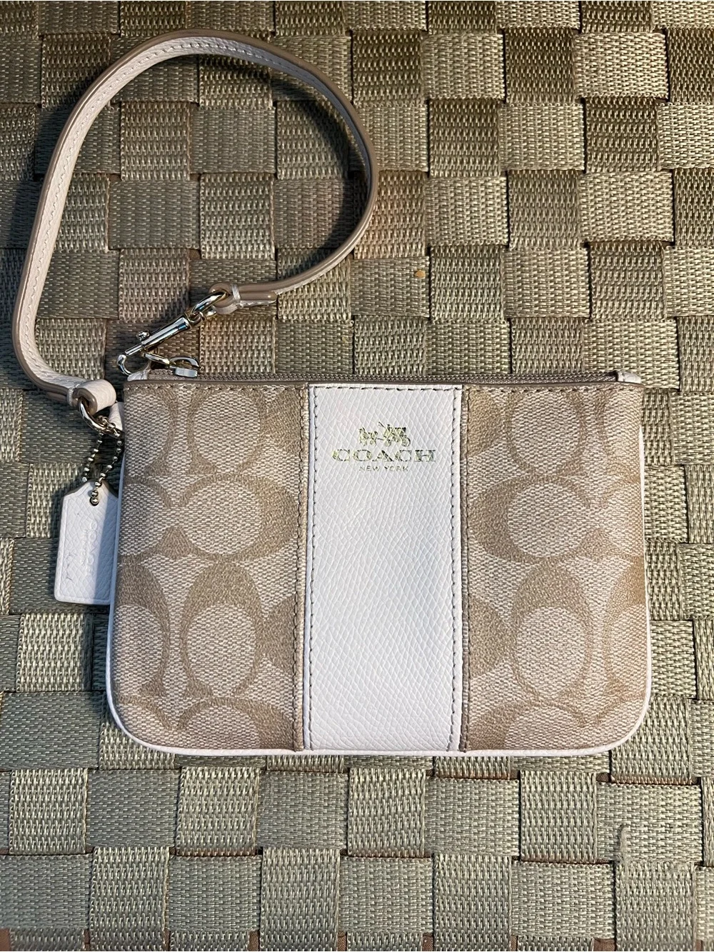 Coach Beige Signature Canvas Wristlet with Cream Colored Center Panel
